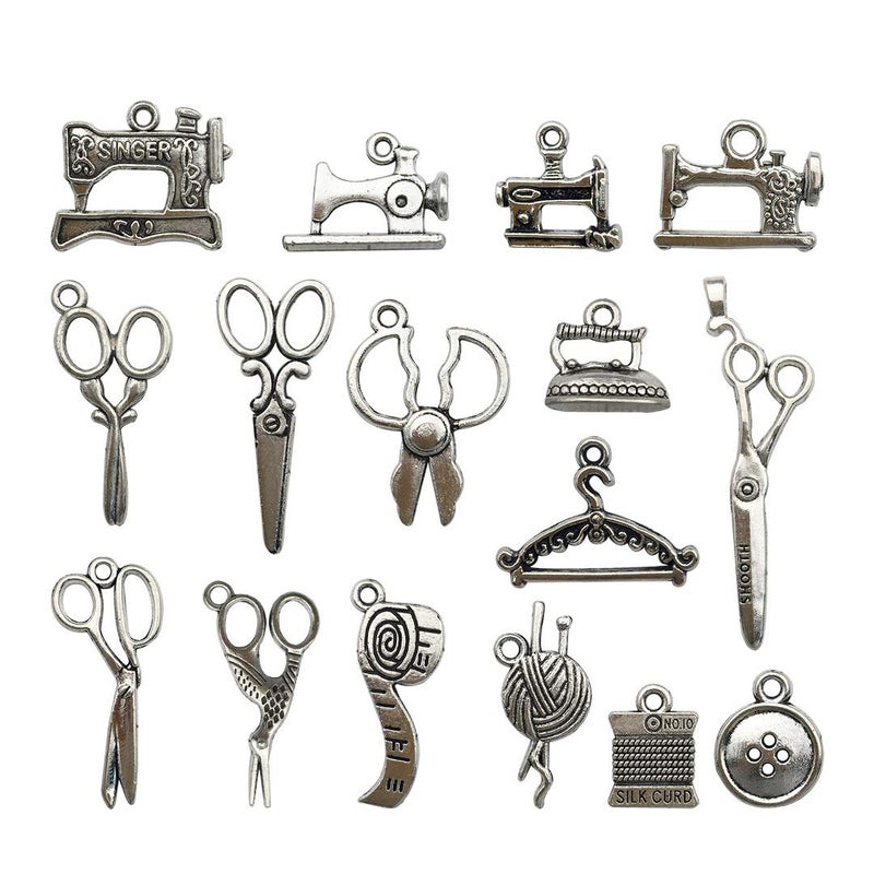 Youdiyla 68 PCS Silver Sewing Charms Collection - Mix Antique Scissor Pipe Yarn Clew Button Pendant Metal Supplies Findings for Jewelry Making (HM3) - Image 1